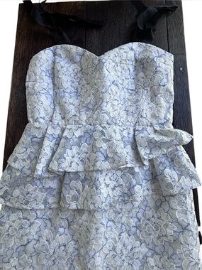 Gianni Bini Light Blue and White Lace Peplum Strapless Dress with Black Ribbon